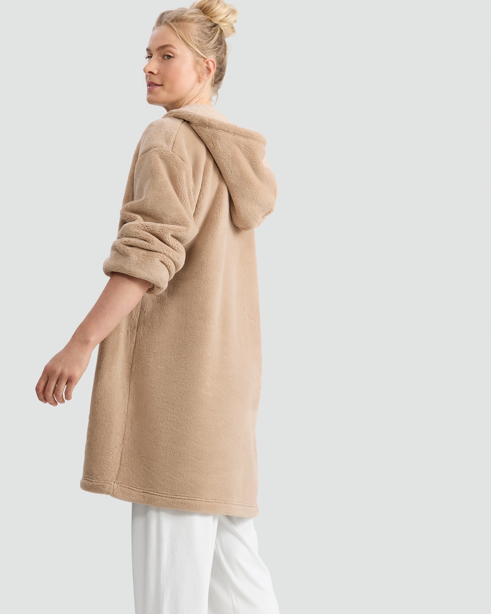 image 1 of F&F Fleece Hooded Zip Up Dressing Gown in Camel