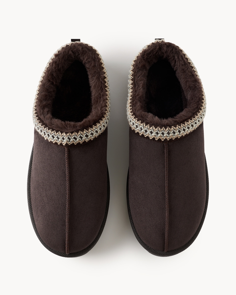 image 1 of F&F Faux Fur Lined Embroidered Mule Slippers in Chocolate