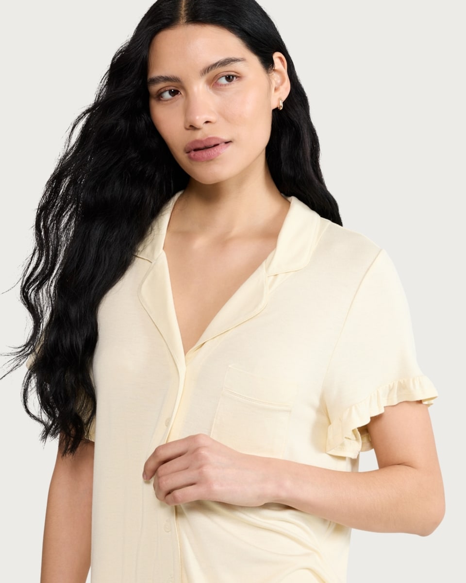 image 1 of F&F 2-Piece Frill Trim Pyjama Set in Yellow