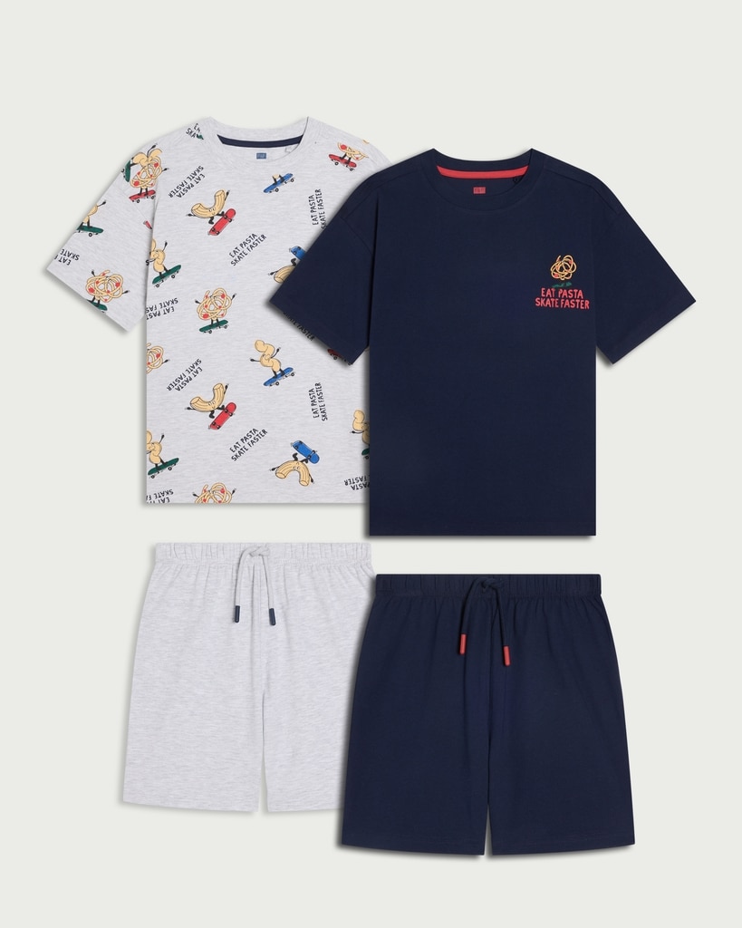 F&F Boys 2-Pack Pure Cotton Pasta Print Short Pyjama Sets in Black