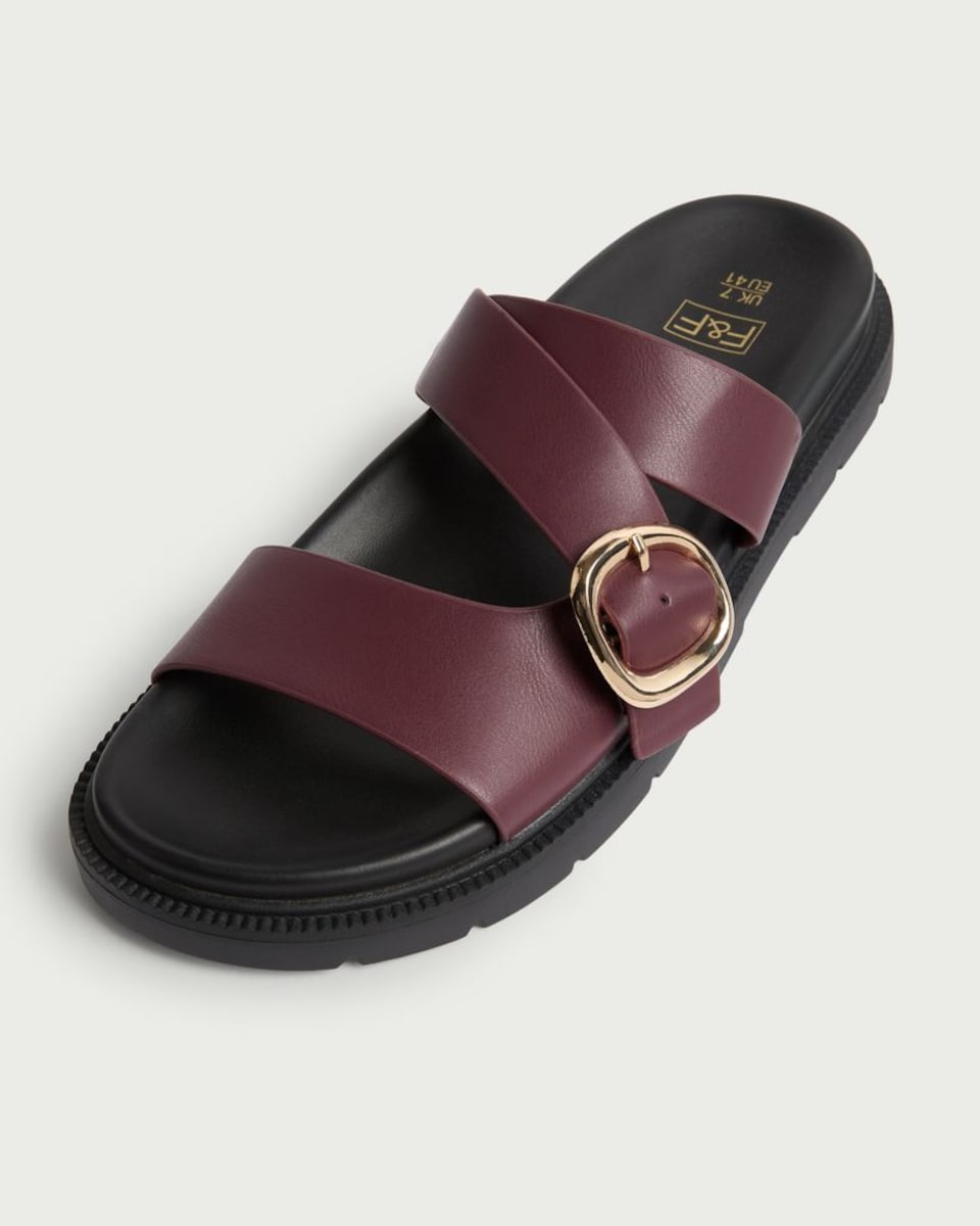 image 1 of F&F Cross Strap Buckle Detail Sandals in Burgundy