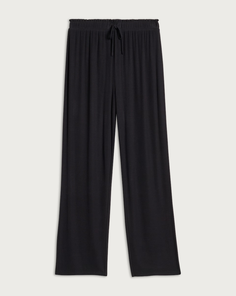 image 1 of F&F CoolEase™ Ribbed Wide Leg Drawstring Pyjama Bottoms in Black