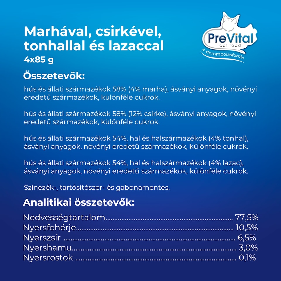 PreVital Mousse nedves macskaeledel, macskatáp felnőtt macskáknak pástétom konzerv 4 x 85 g  1. kép