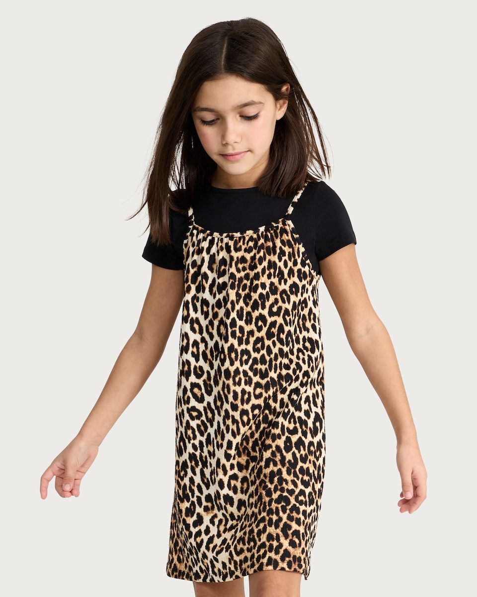 image 1 of F&F Girls Crinkle Textured Leopard Print T-Shirt Dress in Multi Black