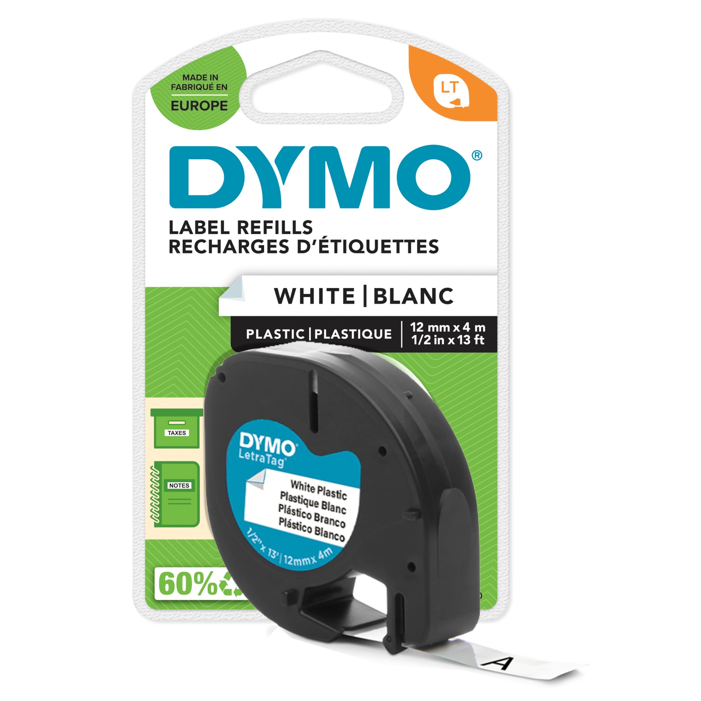DYMO Branded LetraTag Plastic Labels | 12 mm x 4 m Roll | Black Print on White Labels | MultipurposeSelf-Adhesive Labels for LetraTag Label Makers | 1 Count Polyester Belgium 4 m 1 pc(s) 22 mm 96 mm