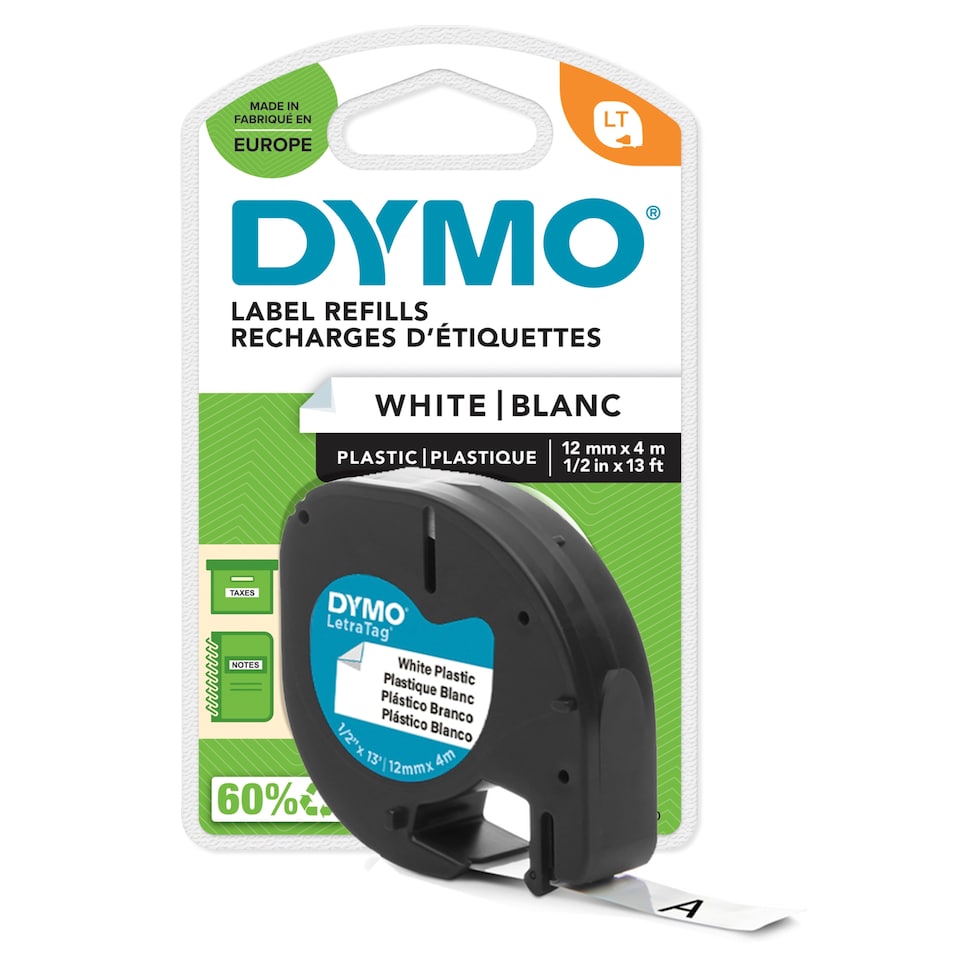 image 1 of DYMO PLASTIC LABELS WHITE 12MM x 4M ROLL