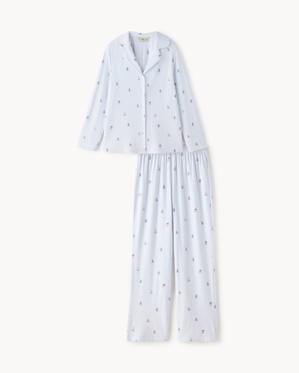 image 1 of F&F Fleece Ski Print Revere Pyjama Set in Blue