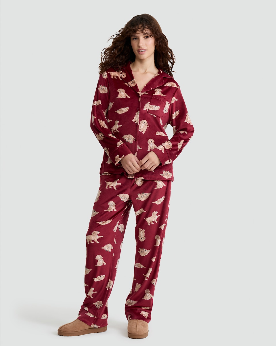 image 1 of F&F Curtis The Dog Printed Fleece Revere Shirt and Trousers Pyjamas  in Red