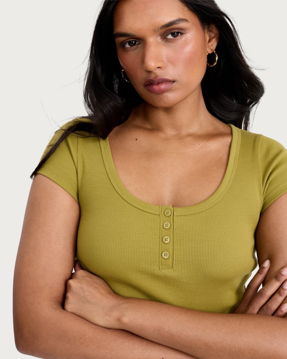 image 1 of F&F Cotton Rich Ribbed Scoop Neck Buttoned T-Shirt in Olive