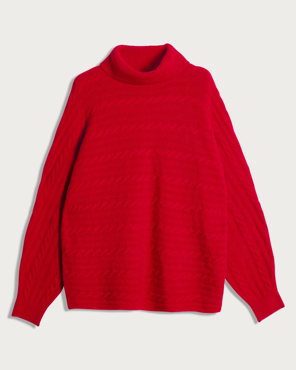 image 1 of F&F Cable Knit Roll Neck Batwing Jumper with Wool in Red