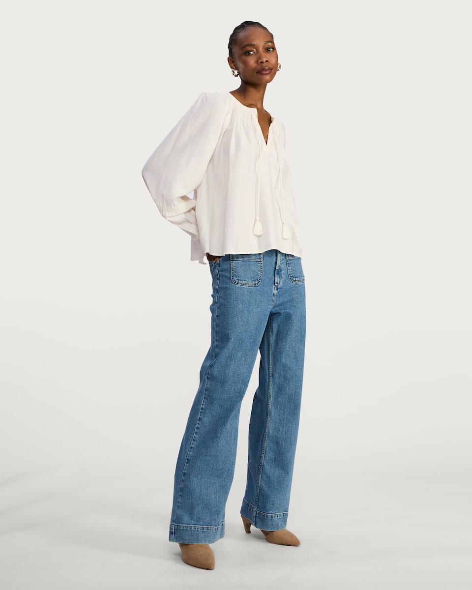 image 1 of F&F Textured Tie Neck Balloon Sleeve Blouse in Cream