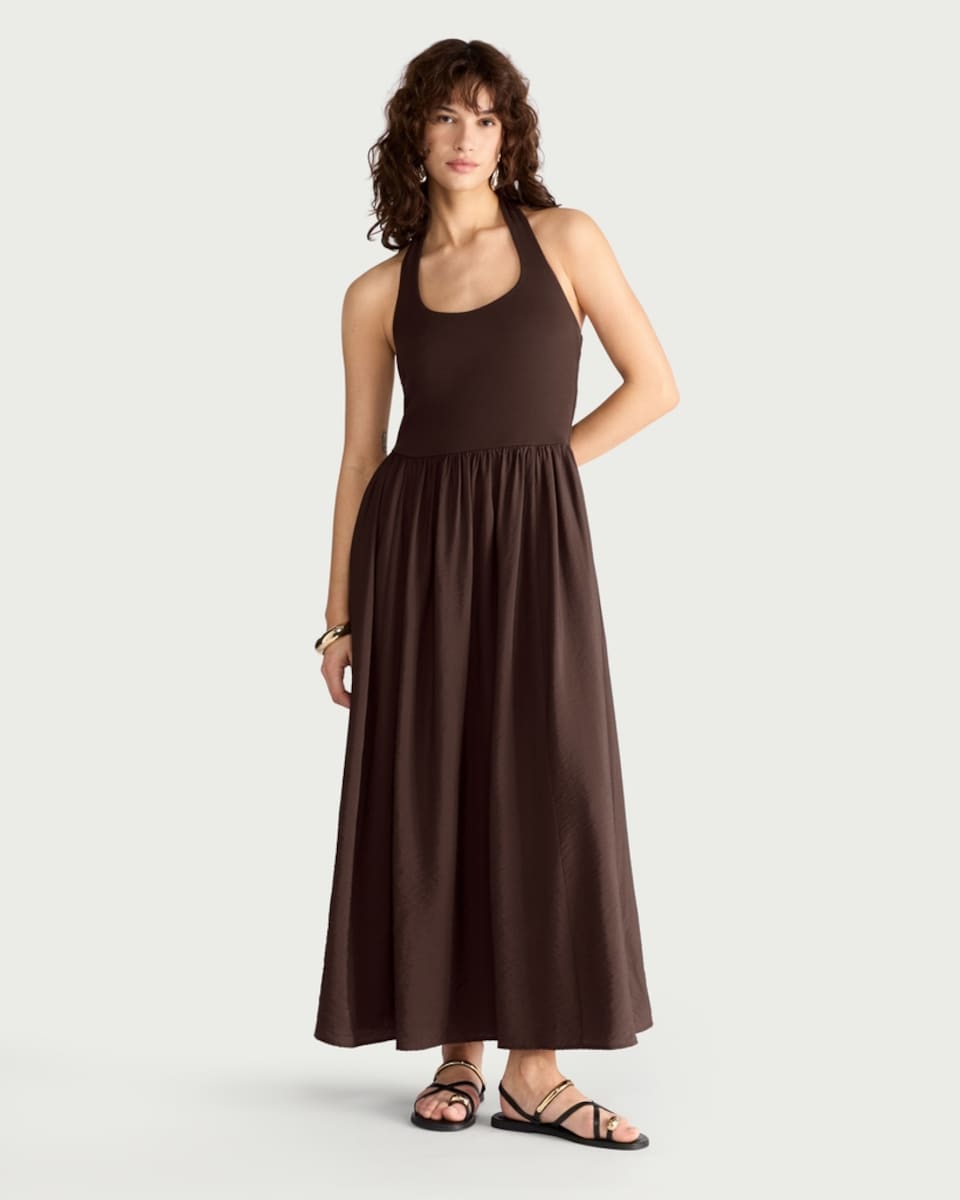 image 1 of F&F Halter Neck Maxi Dress in Chocolate