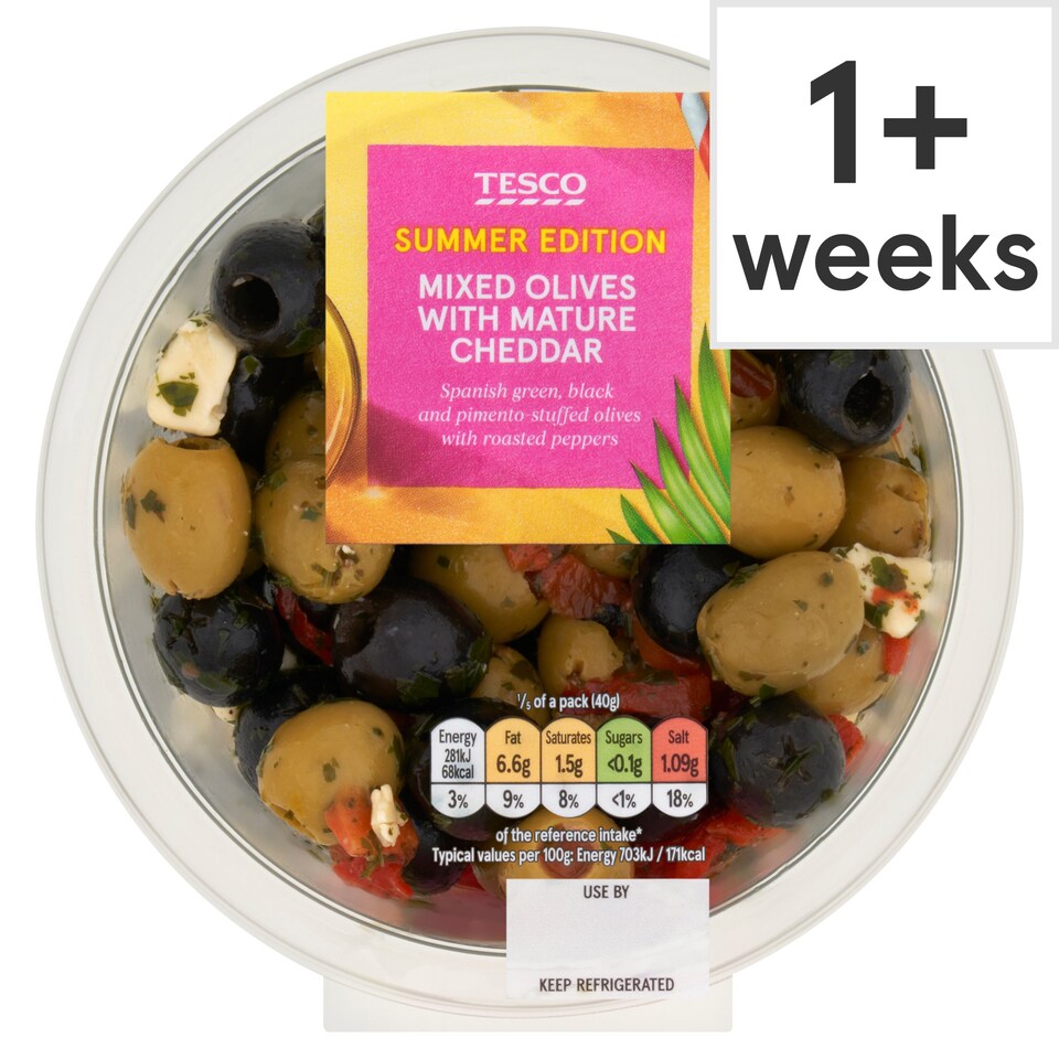 Tesco Mixed Olives With Mature Cheddar 200g Tesco Groceries