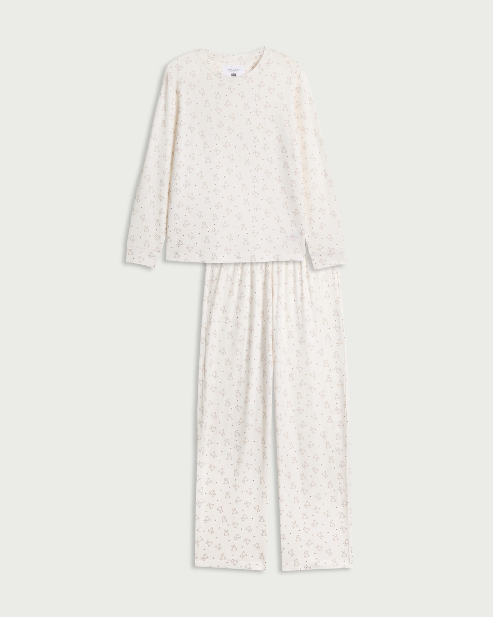 image 1 of F&F Textured Bear Print Pyjama Set in Cream