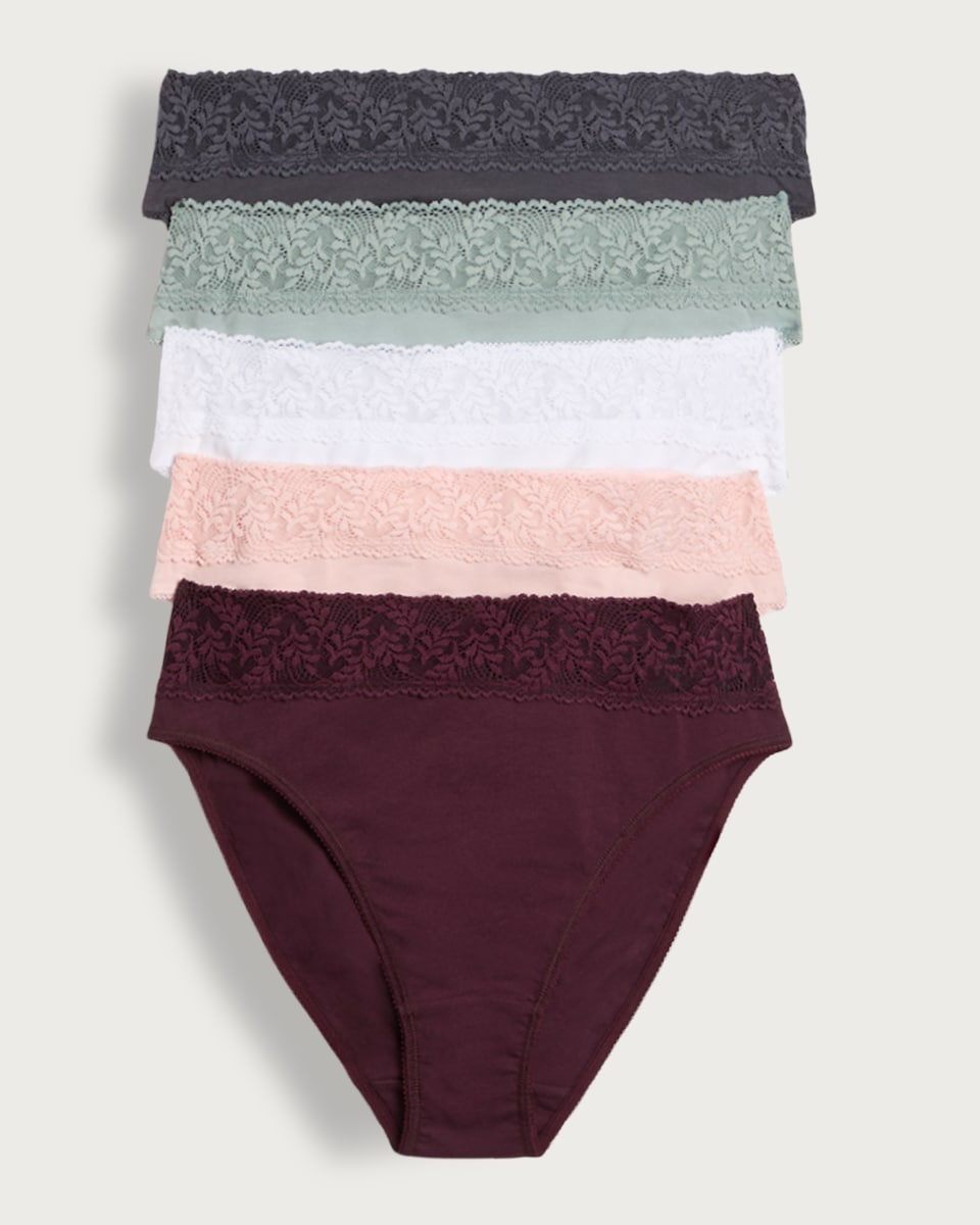 image 1 of F&F 5-Pack Cotton Rich Lace Trim High Leg Knickers in Multi