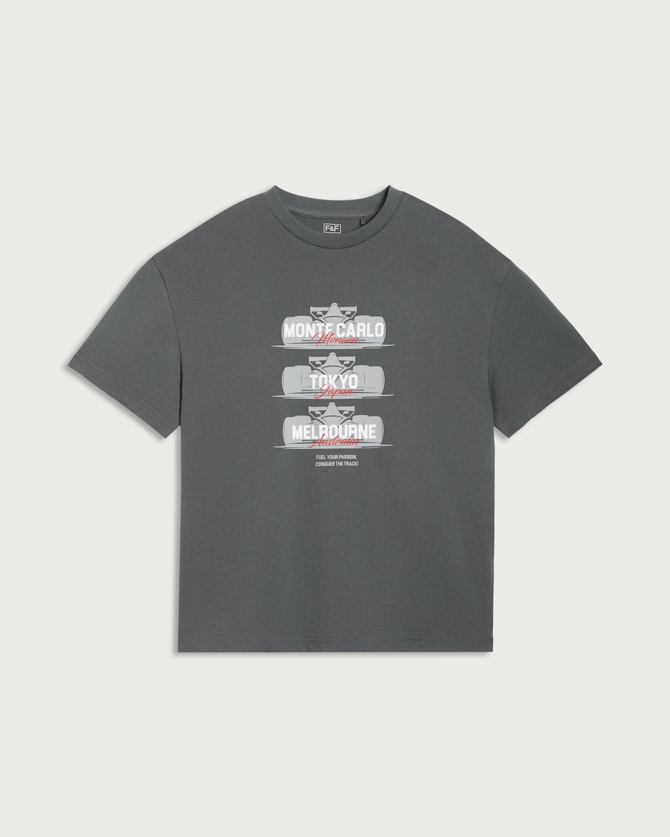 image 1 of F&F Boys Pure Cotton Racing Car Print Oversized Fit T-Shirt in Grey