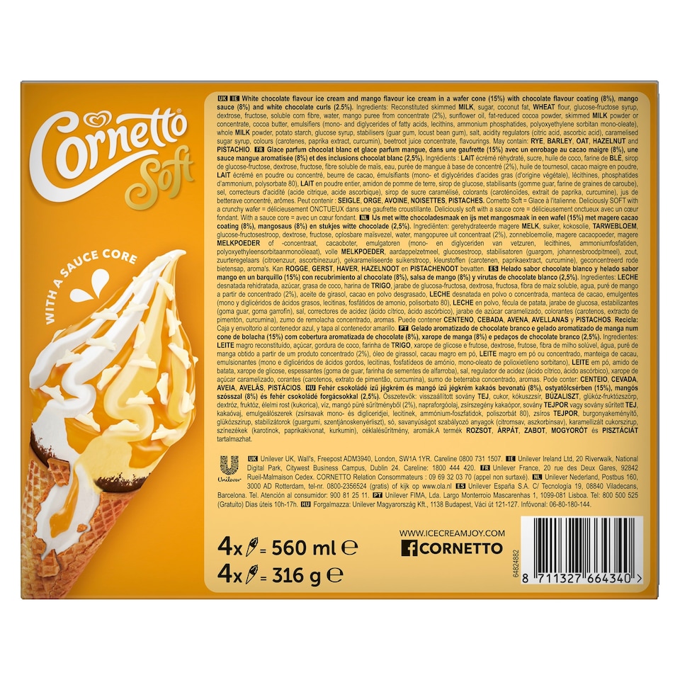 image 1 of Cornetto Soft Mango & White Chocolate 4 x 140ml