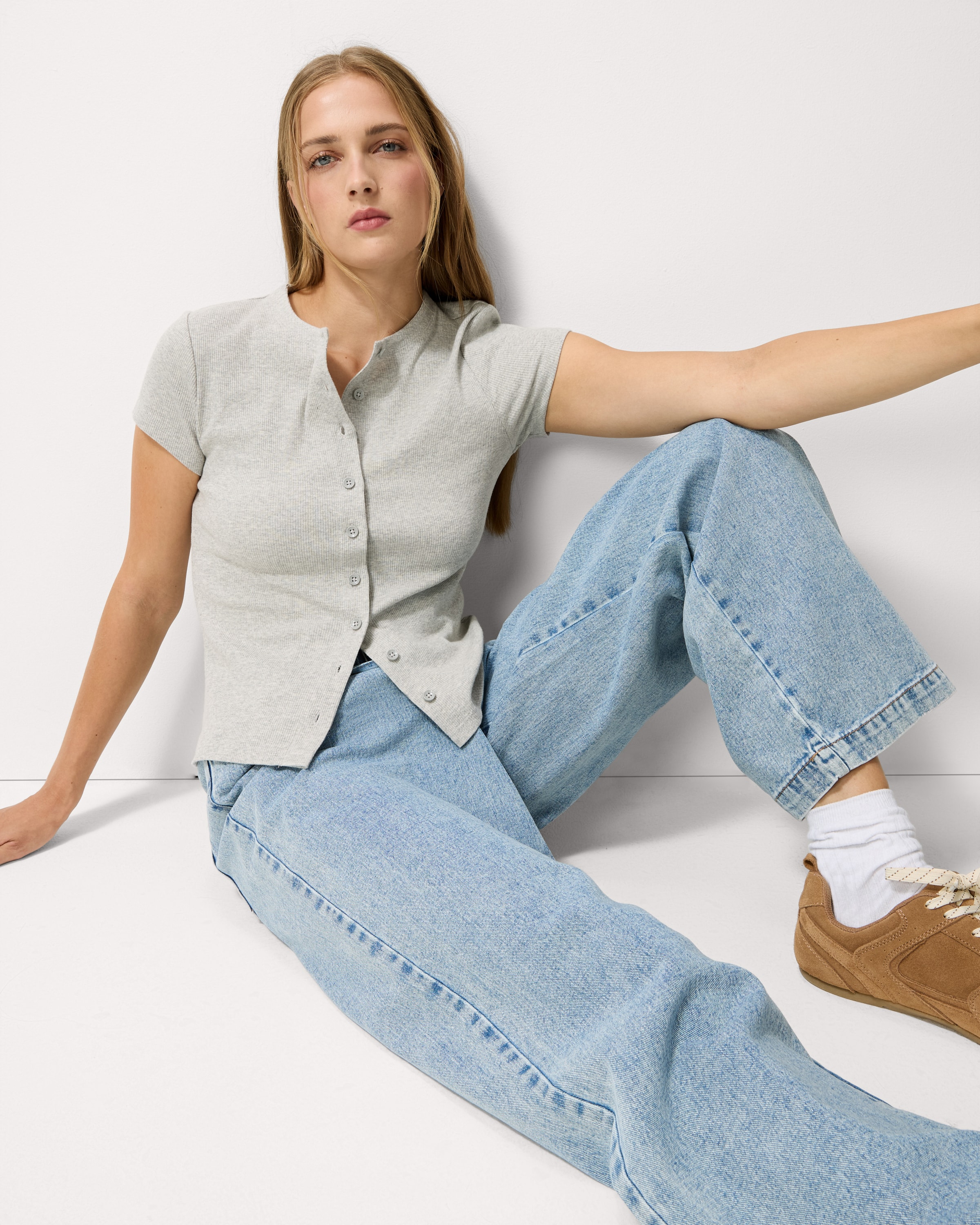 F&F Cotton Rich Ribbed Button Up Top in Grey