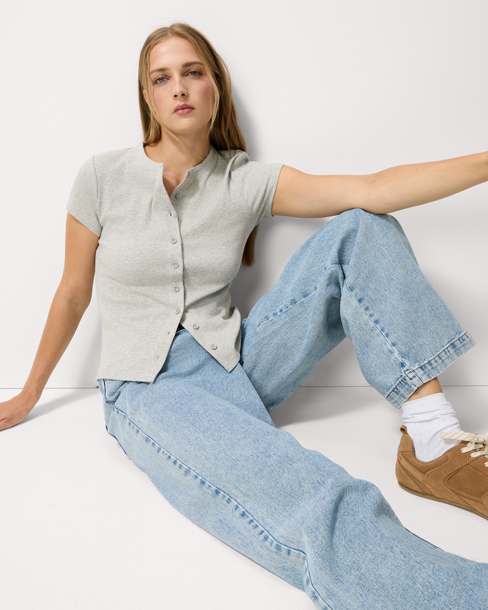 image 1 of F&F Cotton Rich Ribbed Button Up Top in Grey