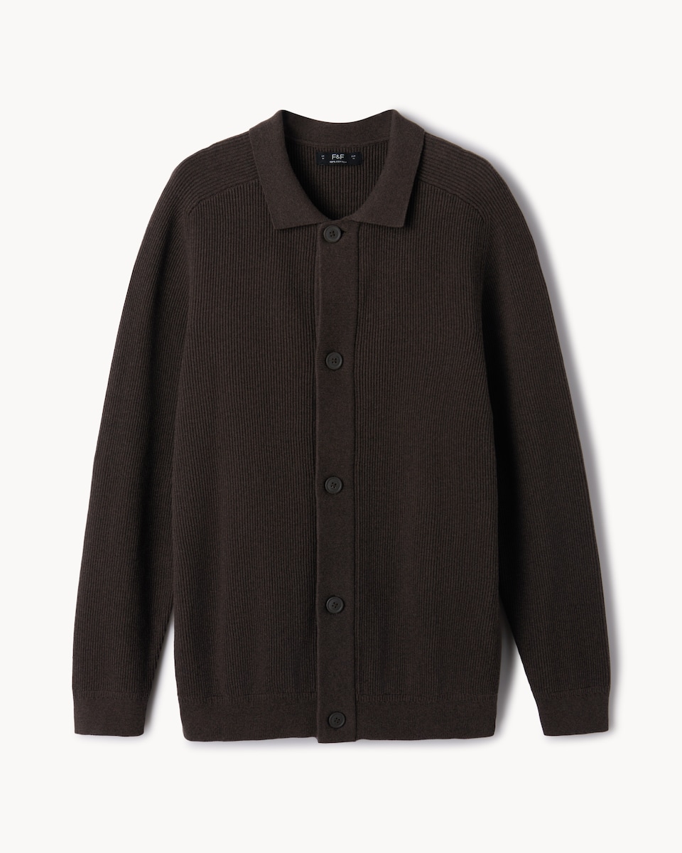 image 1 of F&F Pure Cotton Collared Cardigan in Brown