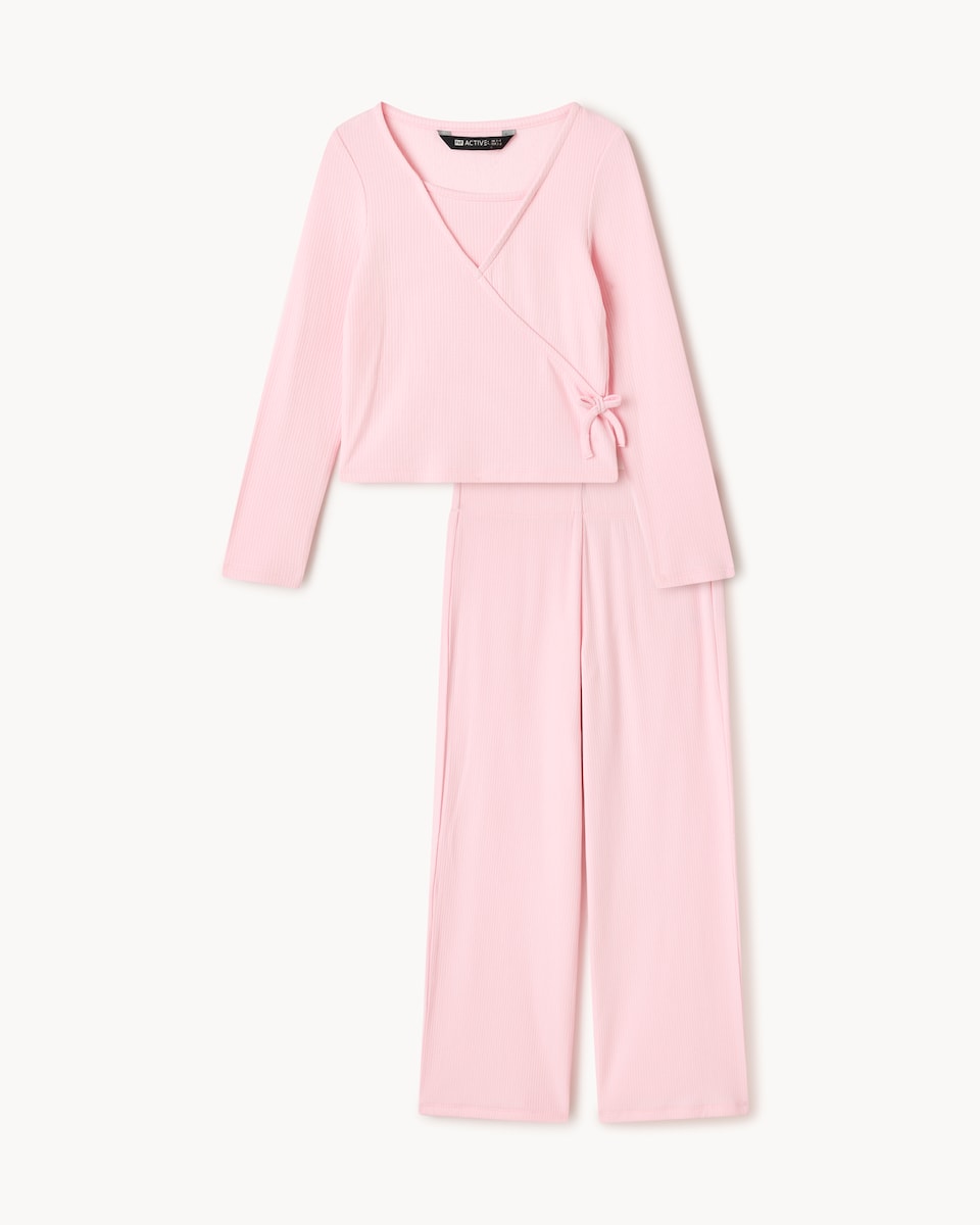 image 1 of F&F Active Girls Ribbed Wrap Top and Trousers Set in Pink