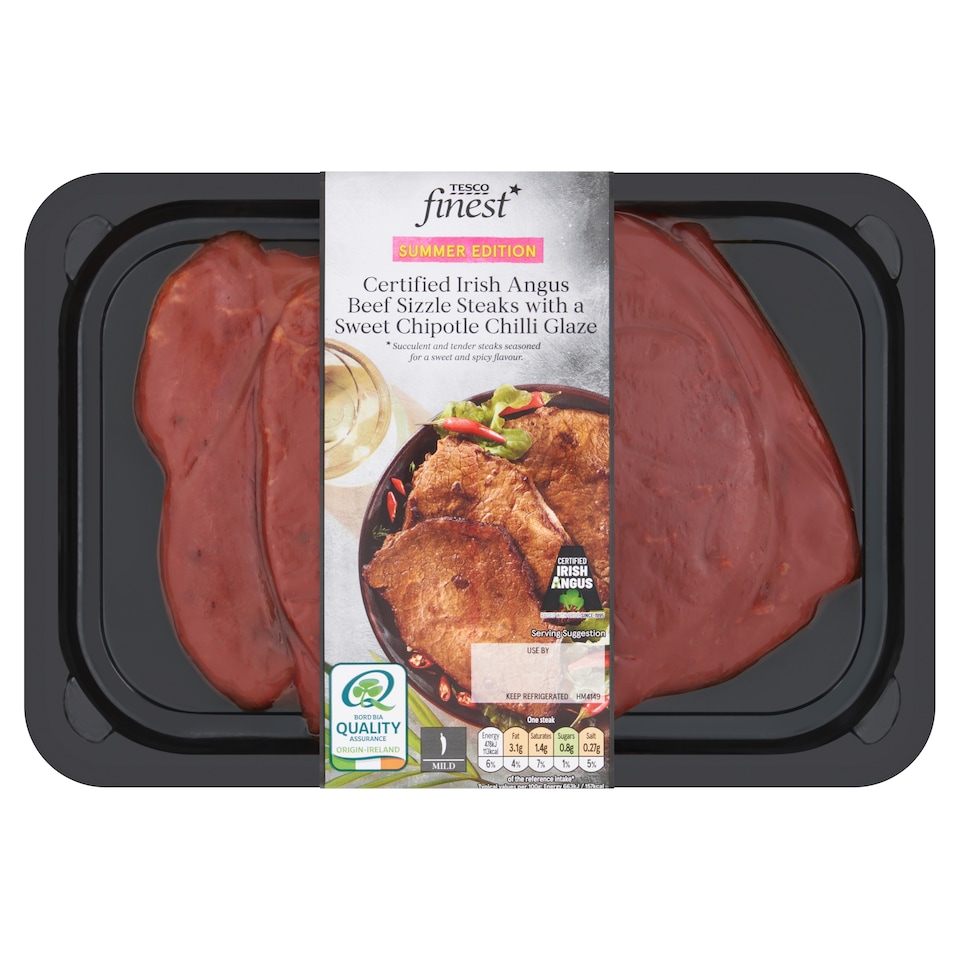 Tesco Finest Certified Irish Angus Beef Sizzle Steaks with a Sweet Chipotle Chilli Glaze 360g