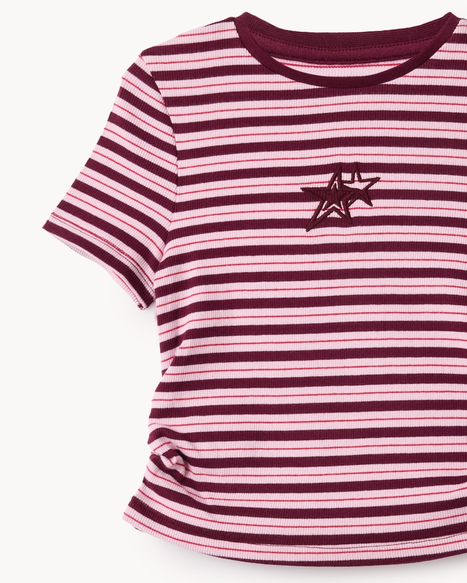image 1 of F&F Girls Cotton Rich Ruched Side Striped T-Shirt in Burgundy