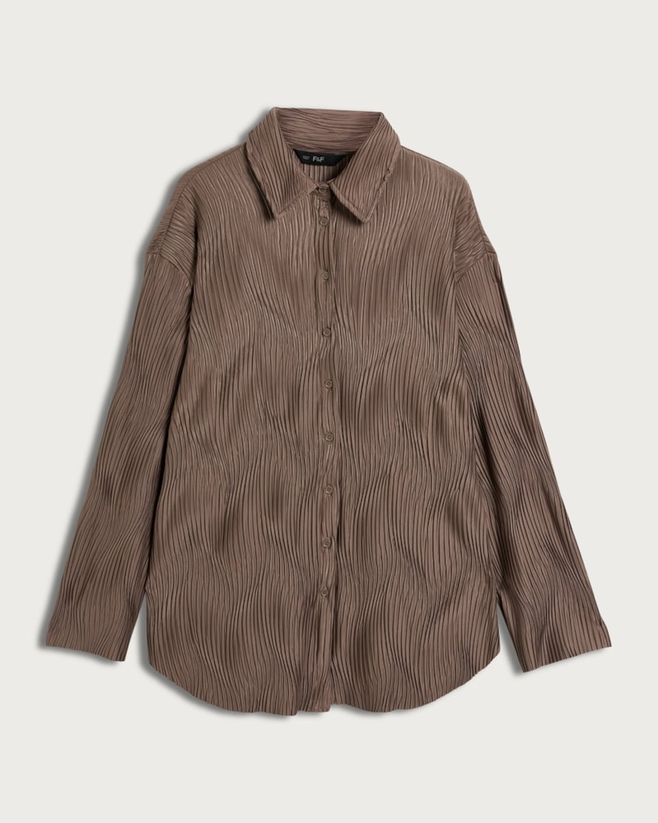 F&F Plisse Wave Textured Button Up Co-ord Shirt in Brown