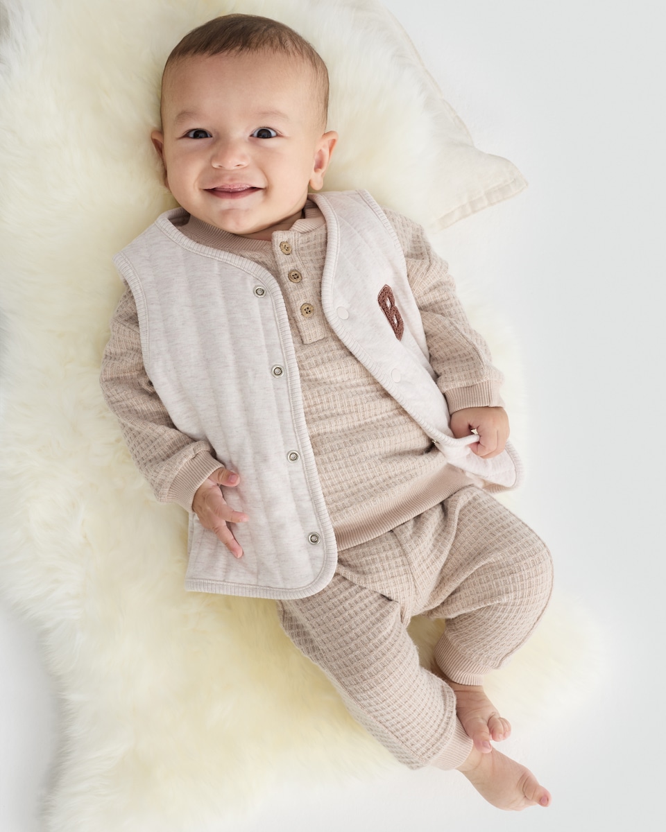 image 1 of F&F Baby 3-Piece Bear Hugs Gilet, Top and Cuffed Joggers Set in Neutral