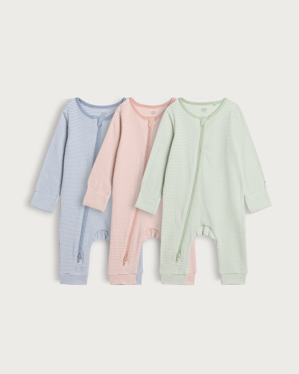 image 1 of F&F Baby 3-Pack Cotton Rich Striped Sleepsuits in Multi