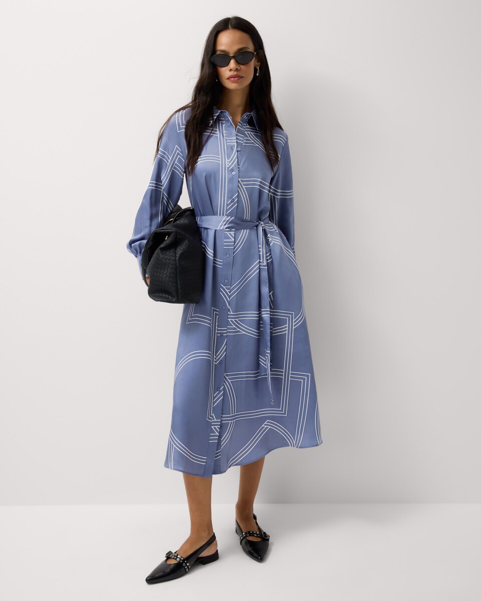 image 1 of F&F Abstract Print Shirt Midi Dress in Blue