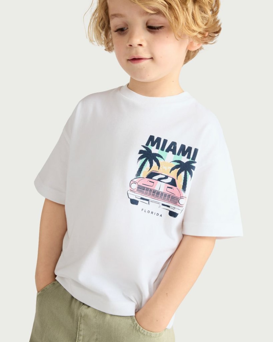 image 1 of F&F Boys Pure Cotton Miami Florida Car Print T-Shirt in White