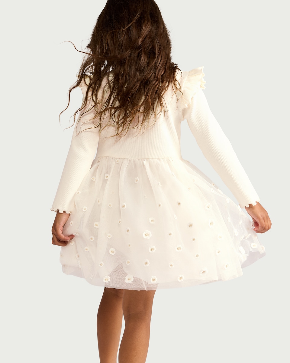 image 1 of F&F Girls Cotton Rich Floral Embroidered Dress in Cream