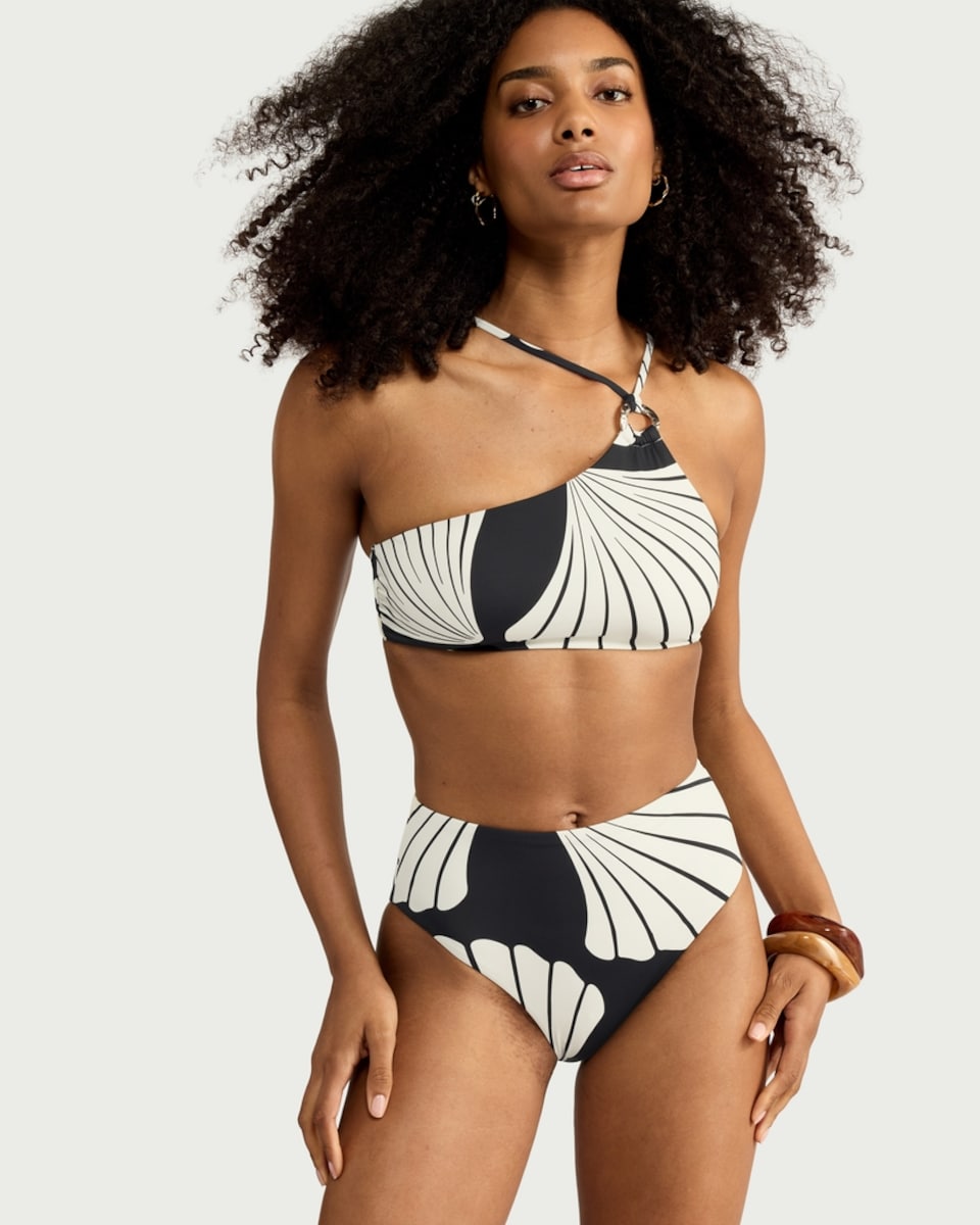 image 1 of F&F Shell Print High Waisted Bikini Bottoms in Black