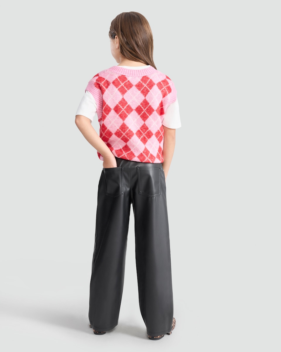 image 1 of F&F Girls Faux Leather Wide Leg Trousers in Black