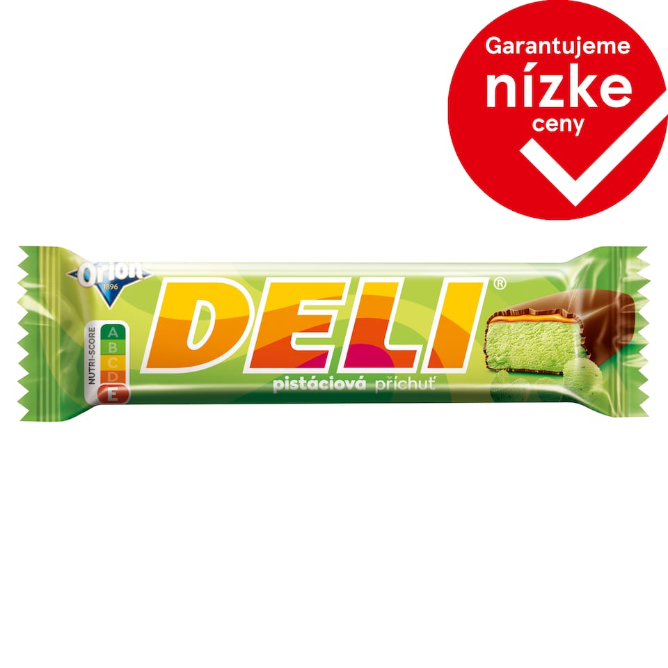 ORION DELI s pistáciovou príchuťou, tyčinka s príchuťou pistácií a karamelom v horkej poleve, 35 g