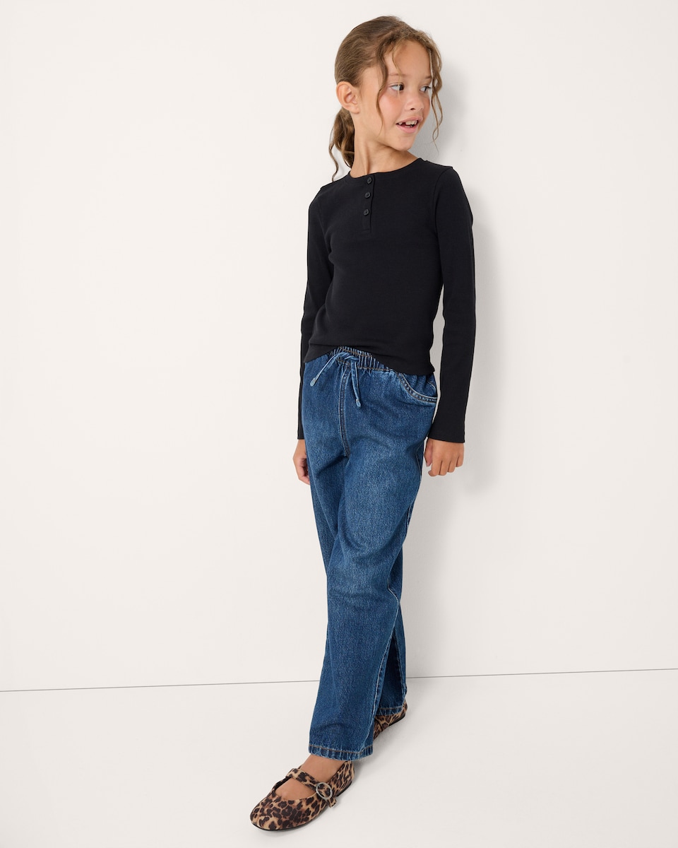 image 1 of F&F Girls Cotton Rich Ribbed Henley Top in Black