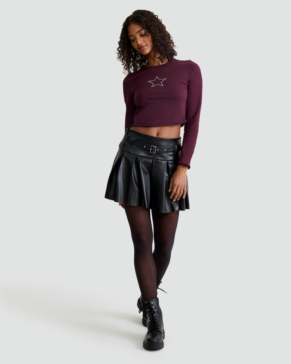 image 1 of OH ME OH MY Faux Leather Pleated Belted Skirt in Black