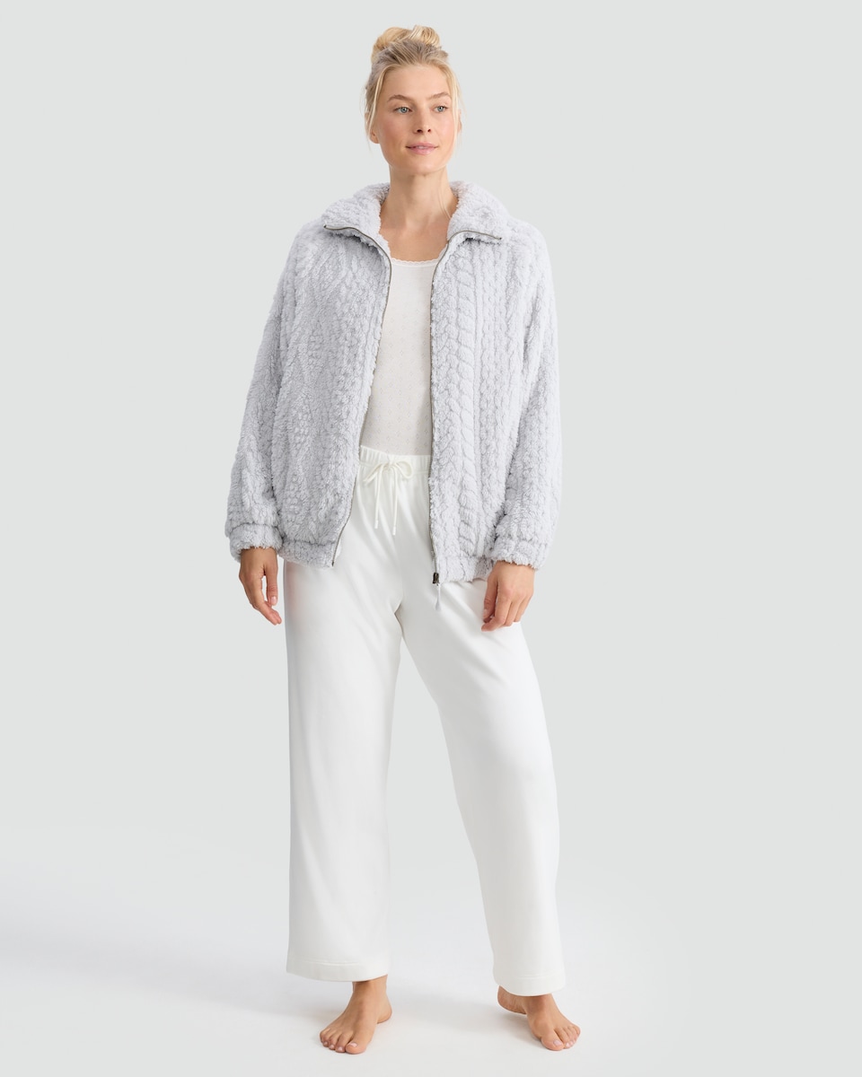 image 1 of F&F Cable Knit Fleece Zip Up Pyjama Jacket in Grey