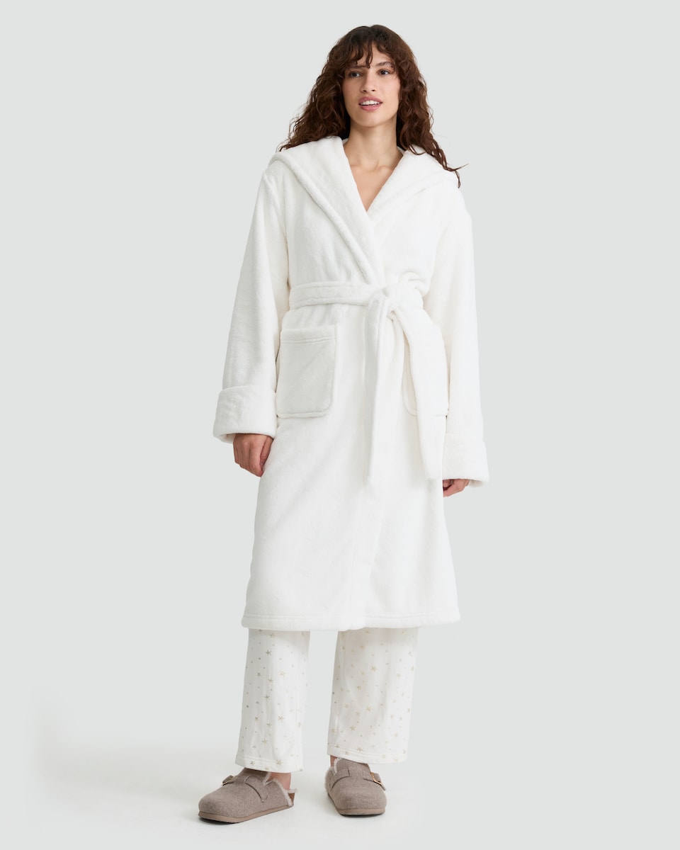 image 1 of F&F Fleece Hooded Dressing Gown in Cream