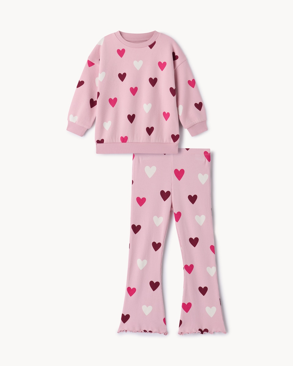 image 1 of F&F Girls Cotton Rich Heart Sweatshirt and Leggings Set in Multi Pink