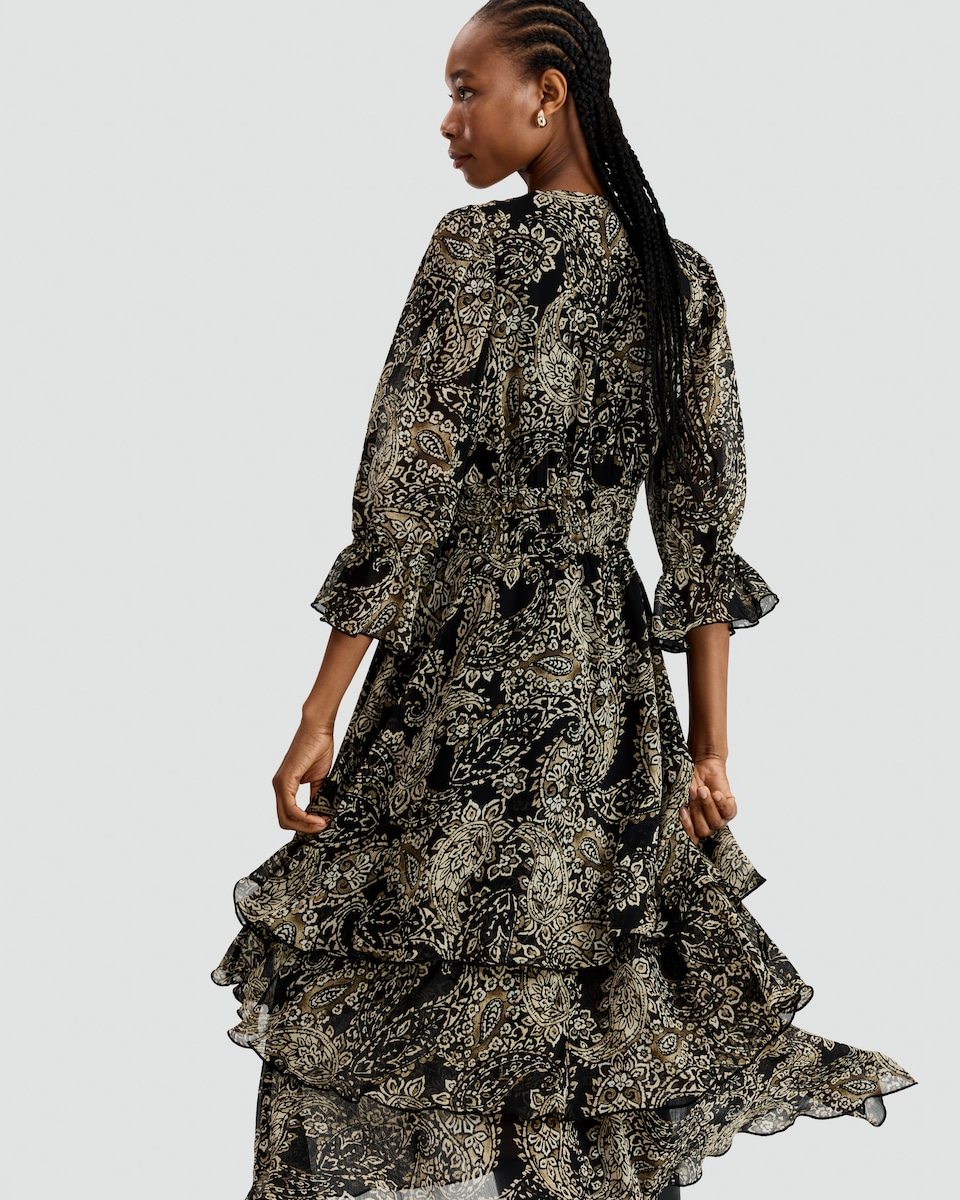 image 1 of F&F Paisley Print Tiered Midi Dress in Multi Black White