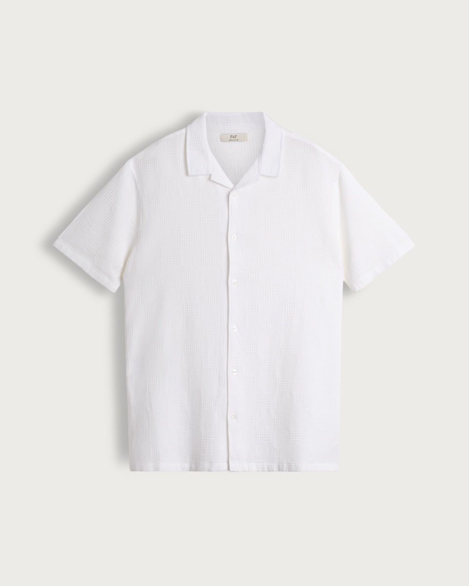 image 1 of F&F Pure Cotton Textured Relaxed Fit Short Sleeved Revere Shirt in White