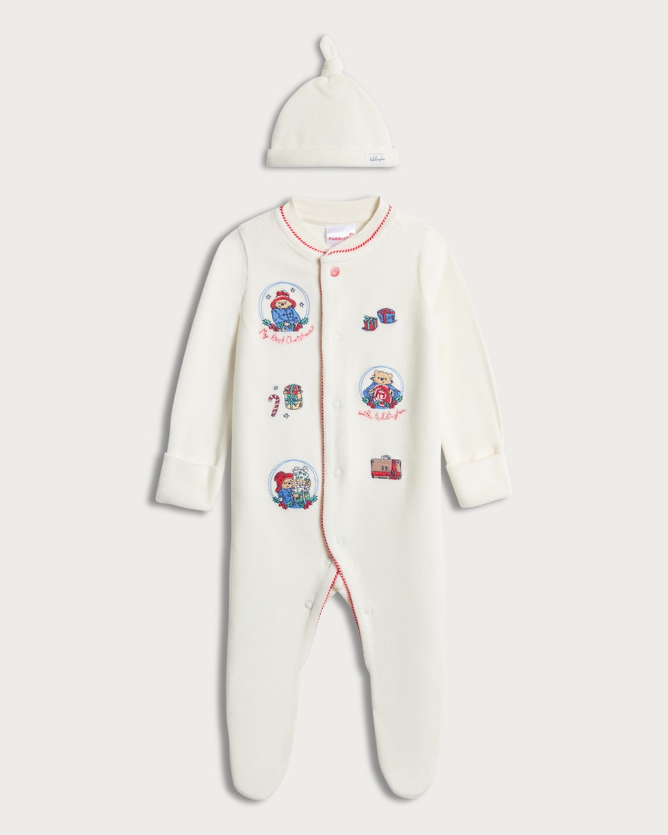 image 1 of Paddington My First Christmas Cotton Rich Sleepsuit and Hat Set in White