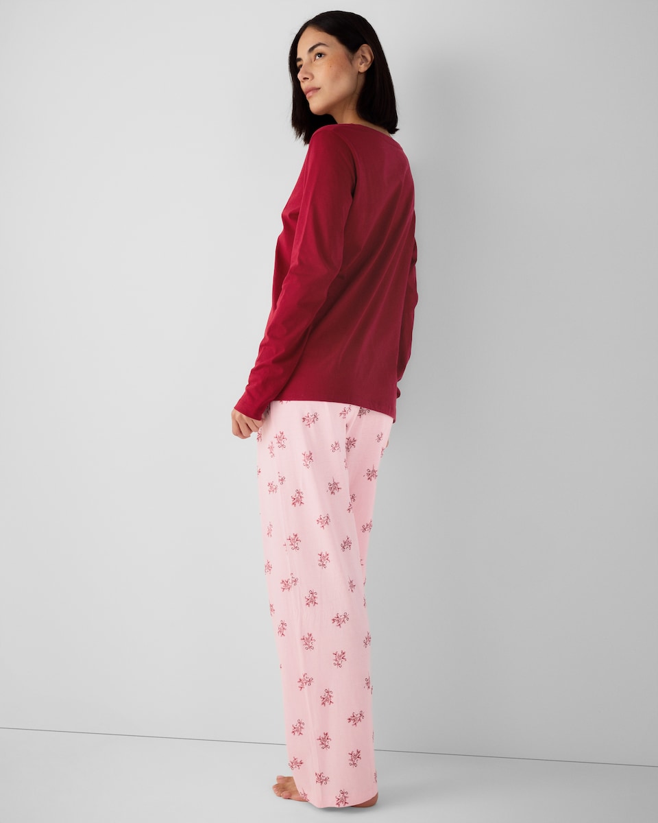 image 1 of Christmas Pure Cotton Mistletoe Top and Bottoms Pyjama Set in Multi Pink