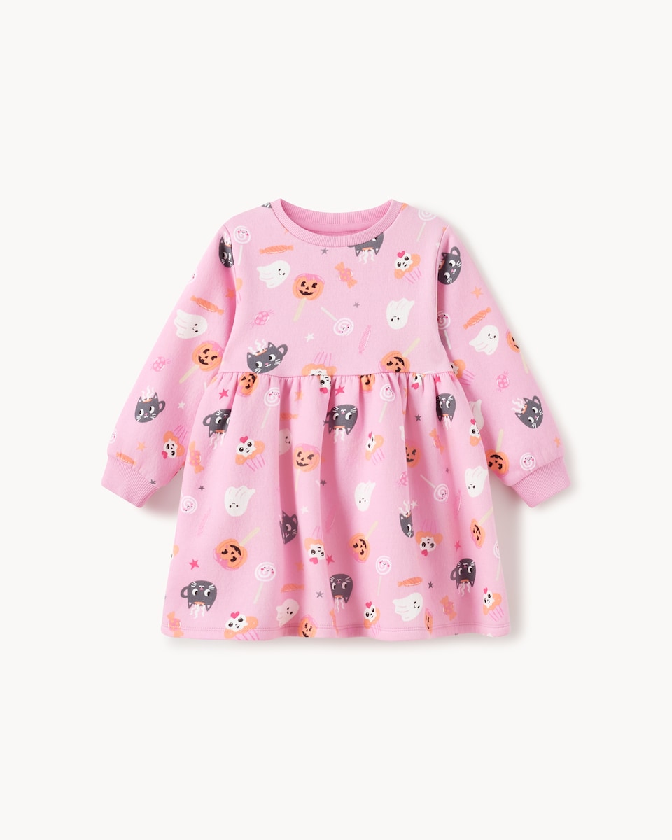 image 1 of F&F Girls Cotton Rich Halloween Print Sweat Dress in Multi Pink
