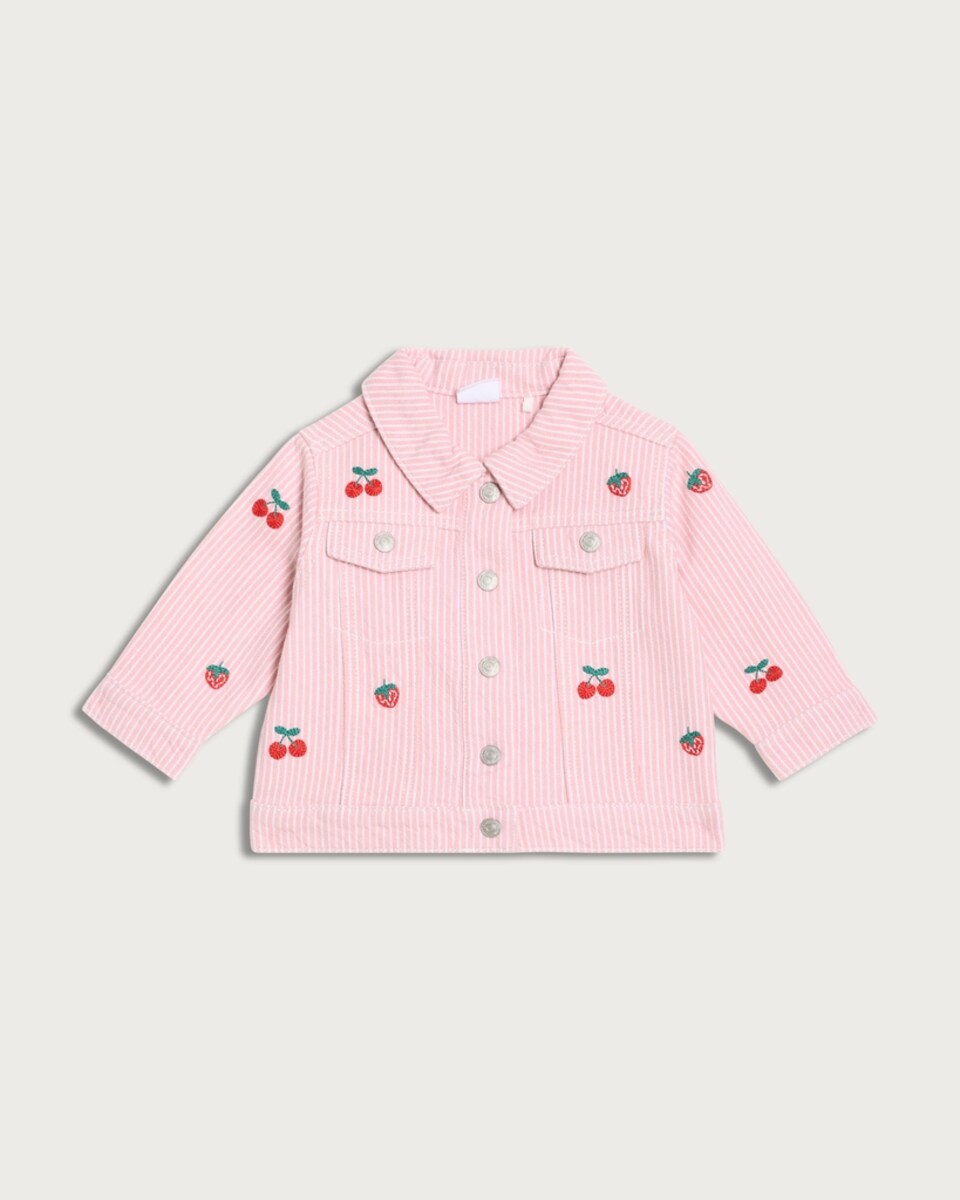 F&F Baby Pure Cotton Striped Embroidered Fruit Denim Jacket in Pink