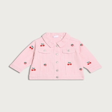 F&F Baby Pure Cotton Striped Embroidered Fruit Denim Jacket in Pink