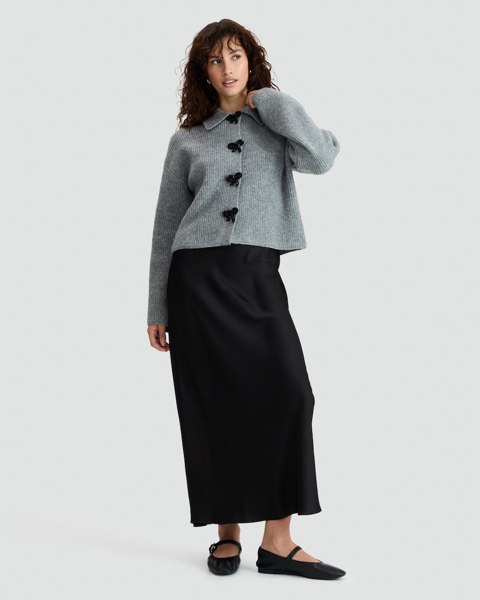 image 1 of F&F Ribbed Knit Bow Fastening Cardigan in Grey