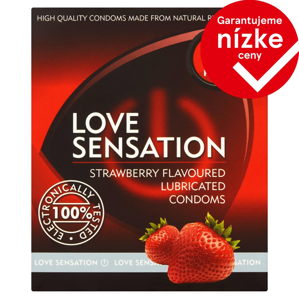 Love Sensation Hladké lubrikované prezervatívy s jahodovou vôňou 3 ks